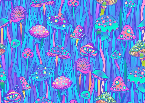 Magiczny grzyby bezszwowy wzór. Psychodeliczne halucynacje. Klasyczne psychodeliczne tekstylia, tkaniny, opakowania, tapety. Ilustracja powtarzająca się wektora. — Wektor stockowy