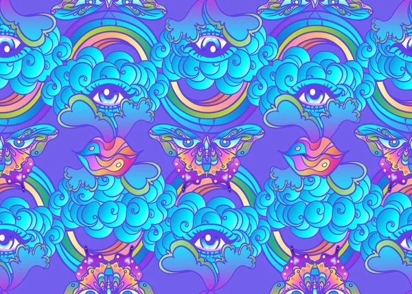 Психоделический вектор: триппи-бабочки, всевидящий глаз, губы, радуга, облако. Фон — стоковый вектор
