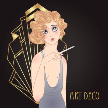 Art Deco, flapper Girl 'ün klasik çizimi. 1920 'lerin modası geçmiş parti karakteri. Cazibe olayı için vektör tasarımı.