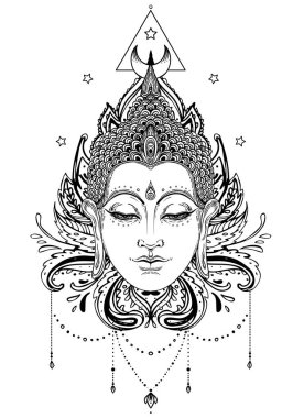 Buda 'nın yüzü mandala şeklinin üzerinde. Esrarengiz klasik vektör çizimi. Hint, Budizm, ruhani sanat. Hippi dövmesi, ruhanilik, Tayland tanrısı, yoga zen