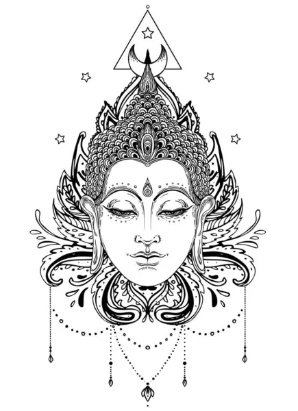 Buda rosto sobre mandala ornamentado padrão redondo. Ilustração esotérica do vetor vintage. Índio, budismo, arte espiritual. Tatuagem de hippie, espiritualidade, deus tailandês, ioga zen —  Vetores de Stock