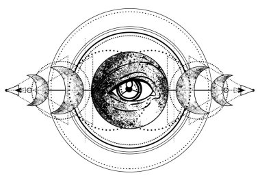 Tanrı 'nın Gözü. Mason sembolü. Üçlü Ay Pagan Ay Tanrıçası sembolü içinde tüm gören gözler. Vektör çizimi. Dövme, astroloji, simya, boho ve sihirli sembol.