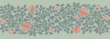 Çiçeksel, eski duvar kağıtları için dikişsiz sınır deseni. Büyülü Vintage Çiçekleri. Sanat ve el sanatları hareketi ilham verici. Paket kağıdı ve duvar kağıdı için tasarım.