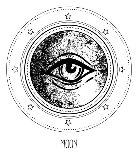 Глаз Провидения. Масонский символ. Все видят глаз внутри тройного лунного язычника Викка символ лунной богини. Векторная иллюстрация. Татуировка, астрология, алхимия, бохо и магический символ.