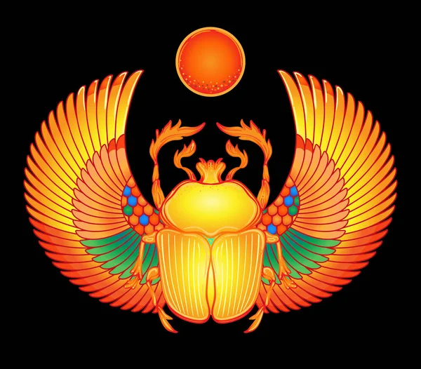 Scarabaeus sacer, Escarabajo estiércol. Símbolo sagrado del antiguo Egipto. Insectos adornados con fantasía. Ilustración vectorial aislada. Espiritualidad, tatuaje de sol oculto. — Vector de stock