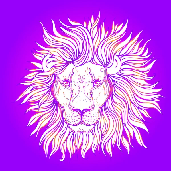 Patterned ornate lion head. African, Indian, totem, tattoo, sticker design. Design of t-shirt, bag, postcard and posters. Vector isolated illustration. Zodiac sign Leo. — Stock Vector