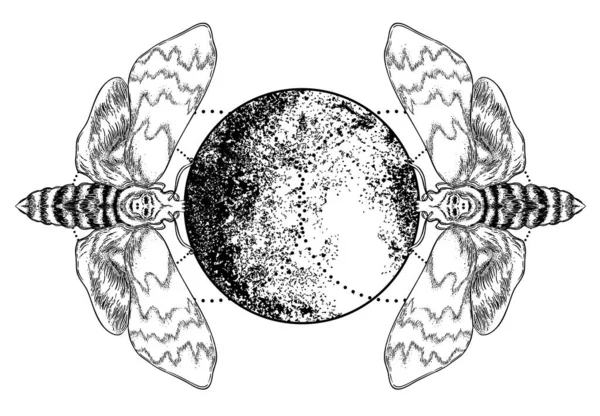 Черно-белая моль над знаком сакральной геометрии, изолированная векторная иллюстрация. Татуировка. Мистические символы и насекомые. Алхимия, оккультизм, духовность, раскраска. — стоковый вектор