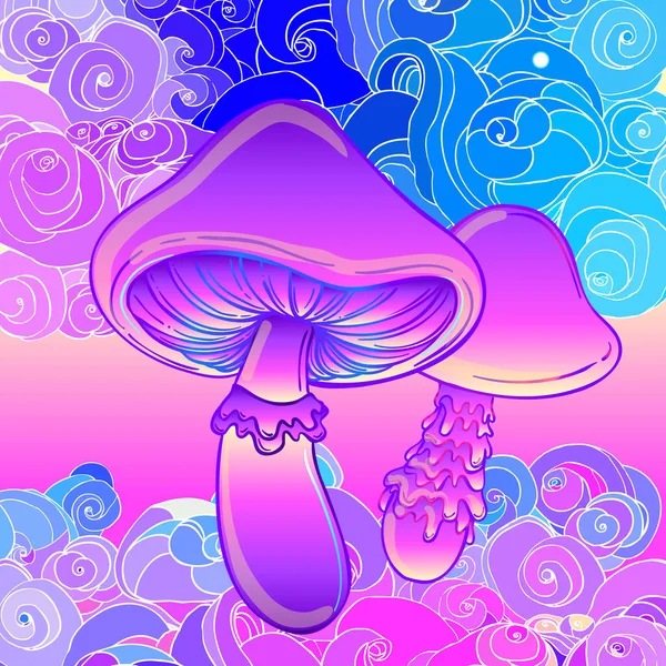 Champignons magiques. hallucination psychédélique. Illustration vectorielle vibrante. Art coloré hippie des années 60. Décoration dans le tatouage de style boho ethnique. — Image vectorielle