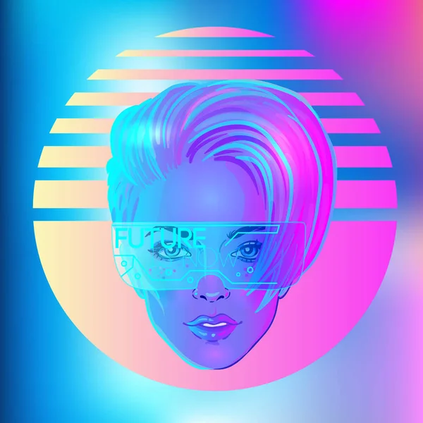 Estilo de onda sintética futurista. Plantilla volante Retroparty. Retrato de mujer andrógina con corte corto de pixie afeitado en estilo futurista retro. Ilustración vectorial en color neón brillante — Archivo Imágenes Vectoriales