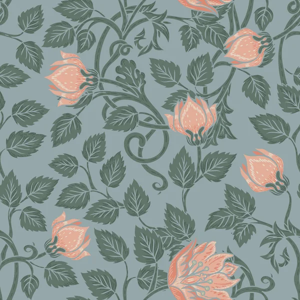 Padrão sem costura vintage floral para papéis de parede retro. Flores Vintage encantadas. Movimento de artes e ofícios inspirado. Design para papel de embrulho, papel de parede, tecidos. — Vetor de Stock