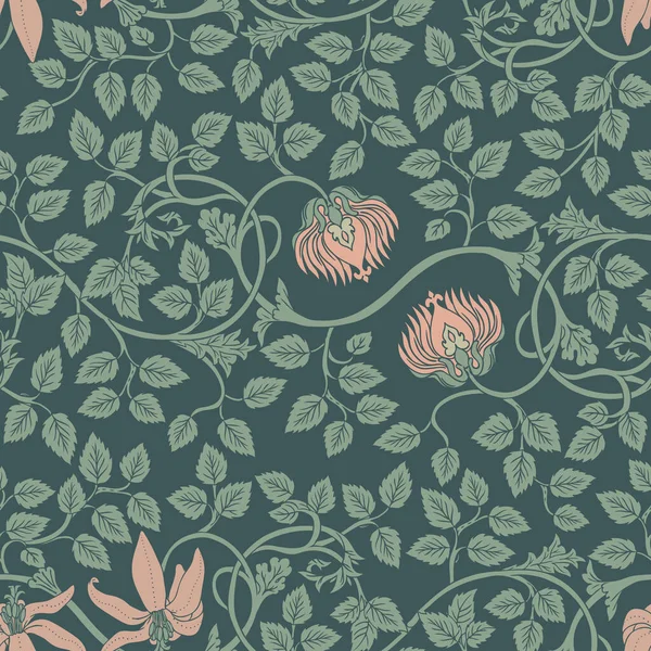 Padrão sem costura vintage floral para papéis de parede retro. Flores Vintage encantadas. Movimento de artes e ofícios inspirado. Design para papel de embrulho, papel de parede, tecidos. — Vetor de Stock