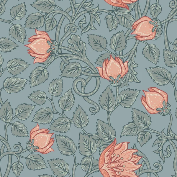 Floral vintage nahtlose Muster für Retro-Tapeten. Verzauberte Vintage Flowers. Kunstgewerbebewegung inspiriert. Design für Packpapier, Tapeten, Stoffe. — Stockvektor
