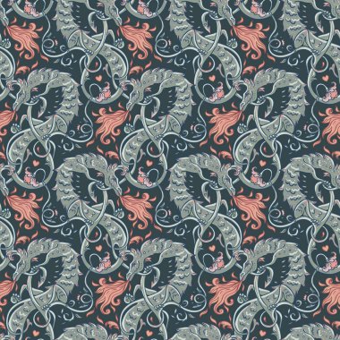 Mitolojik sihirli canavar Basilisk, efsanevi tuhaf yaratık. Ortaçağ tarzında kusursuz desen tasarımı. Ejderha, yanan alev. Tekrarlama geçmişi. Vektör illüstrasyonu.