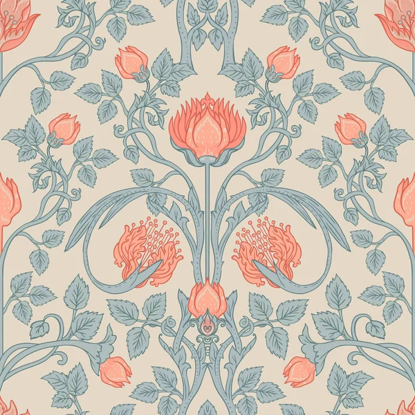 Floral vintage nahtlose Muster für Retro-Tapeten. Verzauberte Vintage Flowers. Kunstgewerbebewegung inspiriert. Design für Packpapier, Tapeten, Stoffe. — Stockvektor