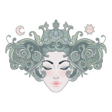 Kabile Füzyonu Boho Diva. Süslü tacı olan güzel Asyalı ilahi kız, Kokoshnik 'ten esinlenilmiş. Bohem tanrıça. Elle çizilmiş zarif illüstrasyon.
