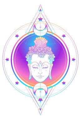 Buda 'nın yüzü mandala şeklinin üzerinde. Esrarengiz klasik vektör çizimi. Hint, Budizm, ruhani sanat. Hippi dövmesi, ruhanilik, Tayland tanrısı, yoga zen