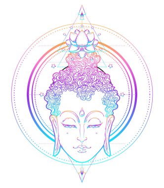 Buda 'nın yüzü mandala şeklinin üzerinde. Esrarengiz klasik vektör çizimi. Hint, Budizm, ruhani sanat. Hippi dövmesi, ruhanilik, Tayland tanrısı, yoga zen