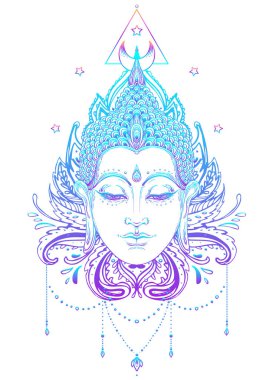 Buda 'nın yüzü mandala şeklinin üzerinde. Esrarengiz klasik vektör çizimi. Hint, Budizm, ruhani sanat. Hippi dövmesi, ruhanilik, Tayland tanrısı, yoga zen