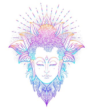 Buda 'nın yüzü mandala şeklinin üzerinde. Esrarengiz klasik vektör çizimi. Hint, Budizm, ruhani sanat. Hippi dövmesi, ruhanilik, Tayland tanrısı, yoga zen