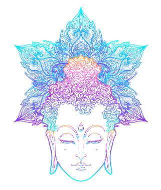 Buda 'nın yüzü mandala şeklinin üzerinde. Esrarengiz klasik vektör çizimi. Hint, Budizm, ruhani sanat. Hippi dövmesi, ruhanilik, Tayland tanrısı, yoga zen