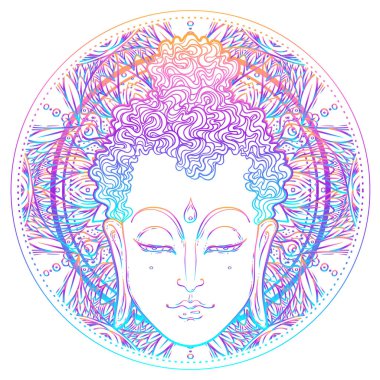 Buda 'nın yüzü mandala şeklinin üzerinde. Esrarengiz klasik vektör çizimi. Hint, Budizm, ruhani sanat. Hippi dövmesi, ruhanilik, Tayland tanrısı, yoga zen