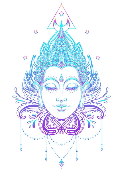 Buda 'nın yüzü mandala şeklinin üzerinde. Esrarengiz klasik vektör çizimi. Hint, Budizm, ruhani sanat. Hippi dövmesi, ruhanilik, Tayland tanrısı, yoga zen