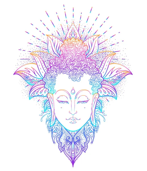 Bouddha visage sur motif rond mandala orné. Illustration vectorielle vintage ésotérique. Indien, bouddhisme, art spirituel. Hippie tatouage, spiritualité, dieu thaïlandais, yoga zen — Image vectorielle