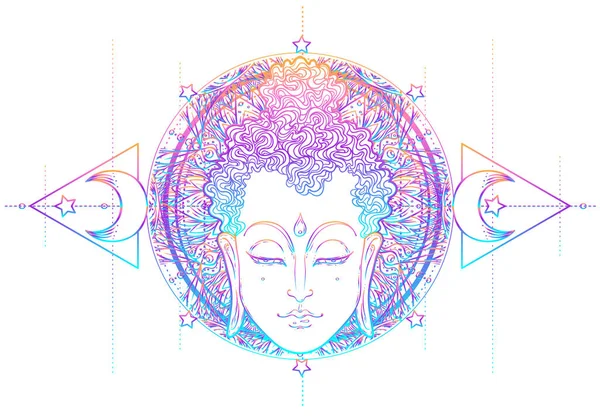 Buda rosto sobre mandala ornamentado padrão redondo. Ilustração esotérica do vetor vintage. Índio, budismo, arte espiritual. Tatuagem de hippie, espiritualidade, deus tailandês, ioga zen —  Vetores de Stock