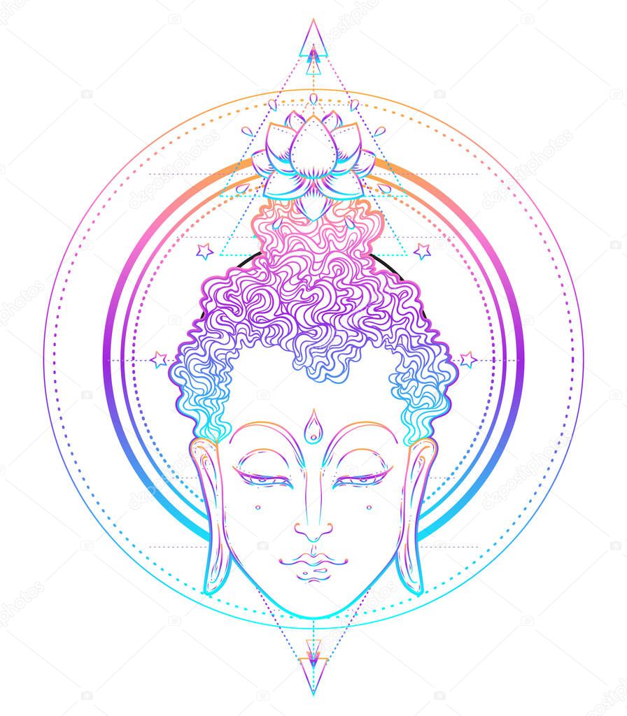 Buddha face over ornate mandala round pattern. Esoteric vintage vector illustration. Indian, Buddhism, spiritual art. Hippie tattoo, spirituality, Thai god, yoga zen