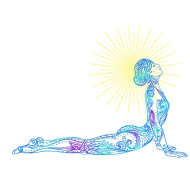 Yoga yapan genç ve güzel bir kız. Klasik dekoratif illüstrasyon. El çizimi arka plan. Mehenidi dekoratif biçimi.