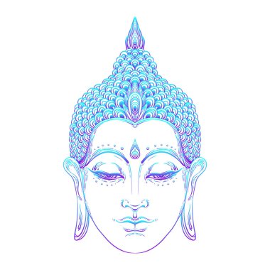 Buda suratı. Esrarengiz klasik vektör çizimi. Hint, Budizm, ruhani sanat. Hippi dövmesi, ruhanilik, Tayland tanrısı, yoga zen