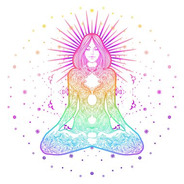 Çakra konsepti. Renkli mandala 'nın üzerinde lotus pozisyonunda oturan kız. Beyaz üzerine izole edilmiş vektör dekoratif çizim. Budizm esrarengiz motifleri.
