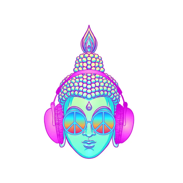 Upeaa. Moderni Buddha kuuntelee musiikkia kuulokkeet eristetty valkoinen. Vektorikuvitus. Vintage psykedeelinen koostumus. Buddhalaisuus, transsimusiikki. — vektorikuva