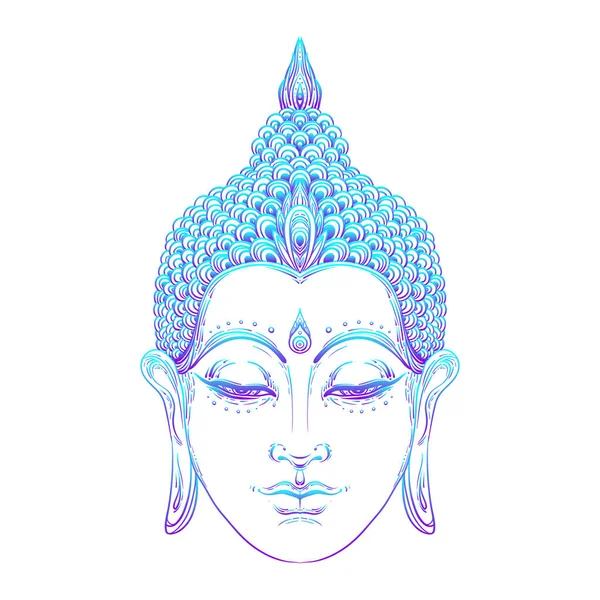 Buddha face. Esoteric vintage vector illustration. Indian, Buddhism, spiritual art. Hippie tattoo, spirituality, Thai god, yoga zen — Stock Vector