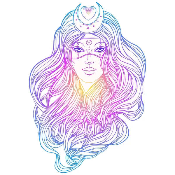 Maanprinses. Tribal Fusion Diva. Prachtig goddelijk meisje met halvemaantiara en Venetiaans masker. Boheemse godin. Handgetekende illustratie. — Stockvector