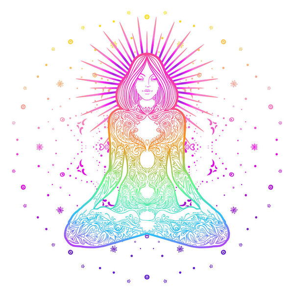 Концепция чакры. Девушка, сидящая в позе лотоса над красочной мандалой. Векторная декоративная иллюстрация, изолированная на белом. Эзотерические мотивы буддизма
.