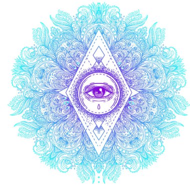 Kutsal geometri sembolü. Asit renklerinde gören gözler. Mistik, simya, okült konsept. Indie müzik kapağı için tasarım, tişört baskısı, saykodelik poster, broşür.