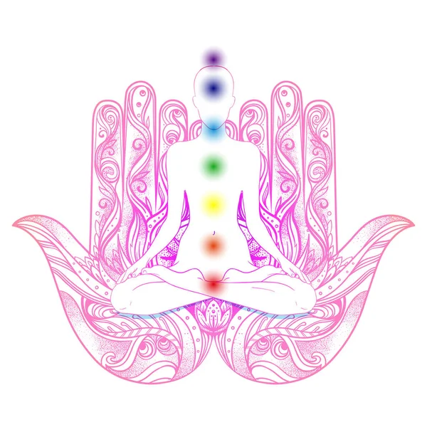 Silueta humana sentada en posición de loto con chakras sobre el símbolo de hamsa en el fondo. Ilustración vectorial de una niña aislada. Hamsa dibujada a mano adornada. Amuleto popular. — Vector de stock
