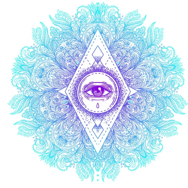 Símbolo de geometría sagrada con todos los ojos que ven en colores ácidos. Mística, alquimia, concepto oculto. Diseño para portada de música indie, estampado de camiseta, póster psicodélico, volante . — Vector de stock