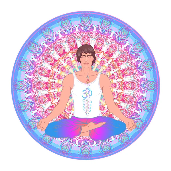 Bellissimo uomo caucasico seduto in posa Lotus con mandala ornato sullo sfondo. Illustrazione vettoriale. Consenso Spa, studio di yoga. — Vettoriale Stock