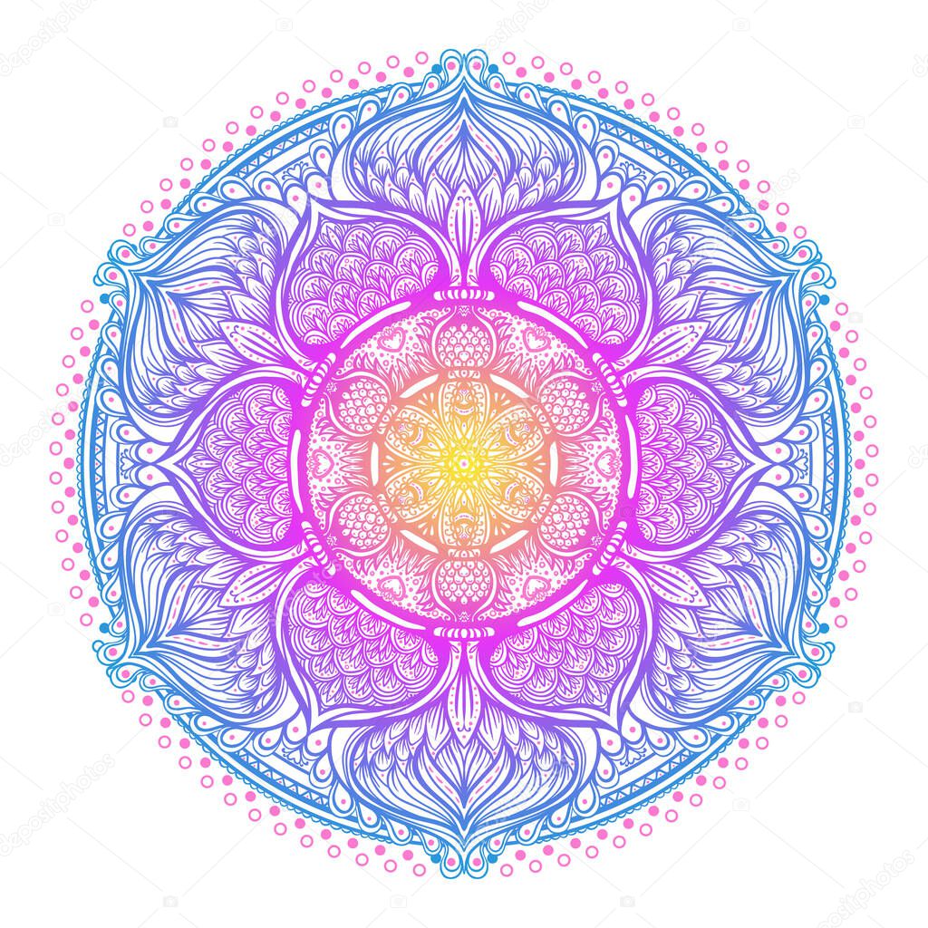 Sacred geometry symbol with all seeing eye in acid colors. Mystic, alchemy, occult concept. Design for indie music cover, t-shirt print, psychedelic poster, flyer.