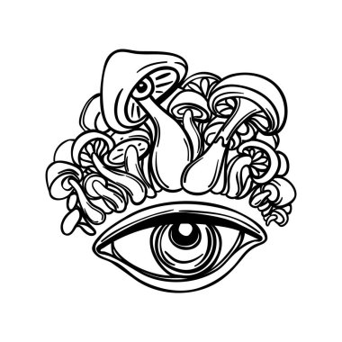 Magic mushroo with eye . Psychedelic hallucination. Outline vector illustration isolated on white. 60s hippie art. Coloring book.