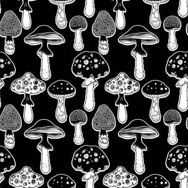 Sihirli mantarlar dikişsiz desen. Psikedelik halüsinasyon. 60 'ların renkli hippi sanatı. Klasik saykodelik tekstil, kumaş, ambalaj kağıdı, duvar kağıdı. Gösterimi yineleyen vektör.
