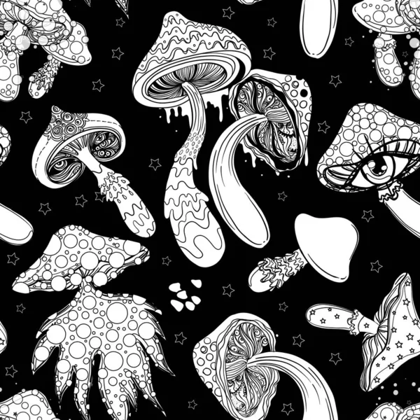 Champignons Magiques Motif Sans Couture Hallucination Psychédélique Art Coloré Hippie — Image vectorielle