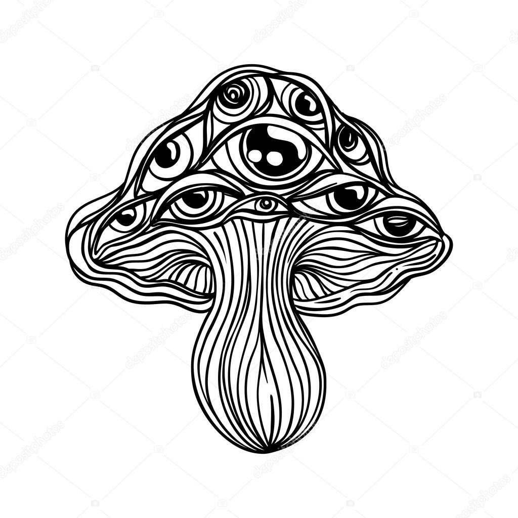 Magic mushrooms. Psychedelic hallucination. Outline vector illustration isolated on white. 60s hippie art. Coloring book for kids and adults.