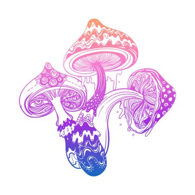 Magic mushrooms. Psychedelic hallucination. Gradient colorful vector illustration isolated on white. 60s trippy hippie art.