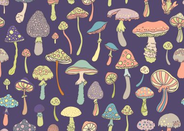 Magic mushrooms seamless pattern. Psychedelic hallucination. 60s hippie retro art. Vintage psychedelic textile, fabric, wrapping paper, wallpaper. Vector repeating illustration.