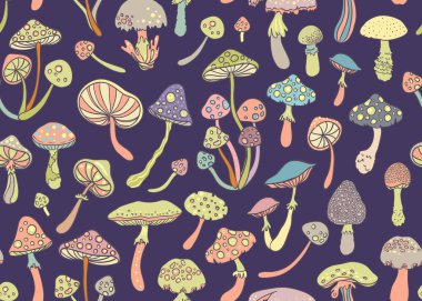 Magic mushrooms seamless pattern. Psychedelic hallucination. 60s hippie retro art. Vintage psychedelic textile, fabric, wrapping paper, wallpaper. Vector repeating illustration.