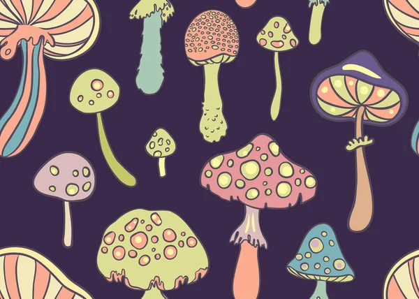 Magic Mushrooms Seamless Pattern Psychedelic Hallucination 60S Hippie Retro Art — Stockvector