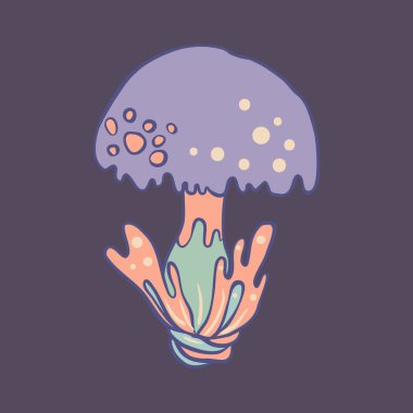 Magic mushroom. Psychedelic hallucination. Vector illustration in pastel colors isolated. 60s trippy hippie art for sticker, patch or poster design.
